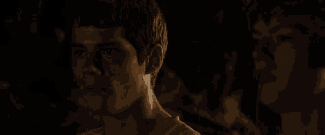 a man and a woman are standing next to each other in the dark .