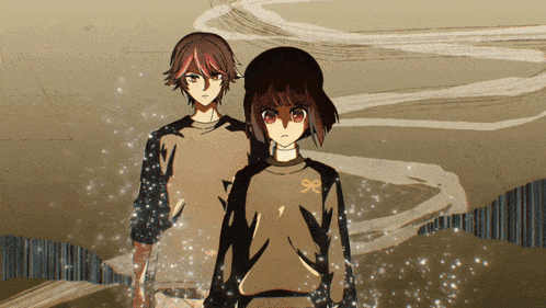 a boy and a girl are standing next to each other in a cartoon