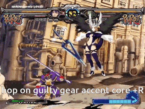 a screenshot of a video game with the words hop on guilty gear accent core + r
