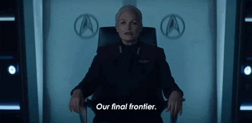 a woman is sitting in a chair with the words our final frontier