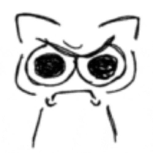 a black and white drawing of a cat 's face with glasses and an angry expression .
