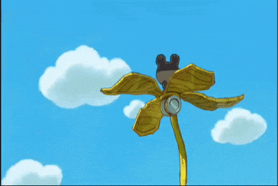 a cartoon drawing of a flower with a blue sky and clouds in the background