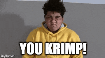 a man in a yellow hoodie is making a funny face and says you krimp