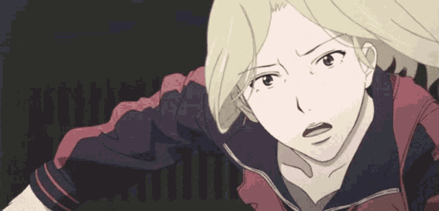 a blonde anime girl with a surprised look on her face is wearing a red and black jacket