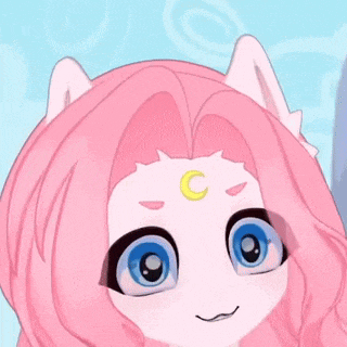 a cartoon girl with pink hair and a crescent moon on her forehead