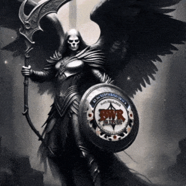 a grim reaper holding a scythe and a shield with the u.s. government on it