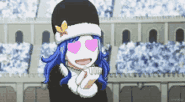 a girl with blue hair and pink heart shaped eyes is holding a cup