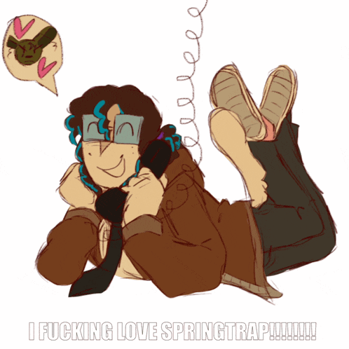 a drawing of a man on a phone with the words i fucking love springtrap written below him
