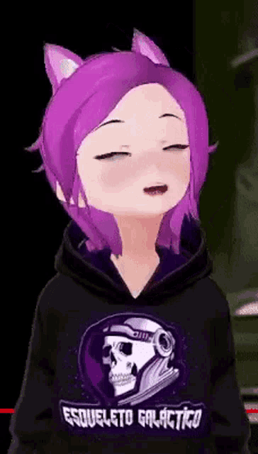 a girl with purple hair is wearing a hoodie with a skull on it .