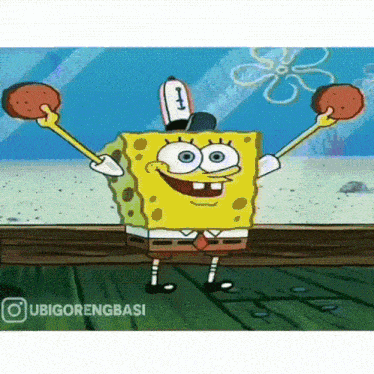a cartoon of spongebob wearing a baseball cap and holding two hamburgers