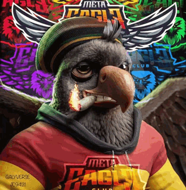 a bird wearing a shirt that says meta dash