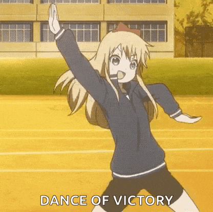 a blonde anime girl is dancing in front of a building .