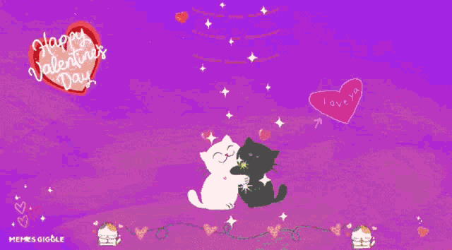 a happy valentine 's day greeting card with two cats hugging and hearts