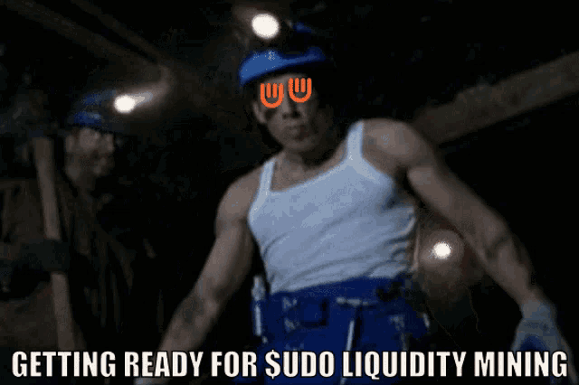 a man in a white tank top and blue pants is getting ready for liquidity mining