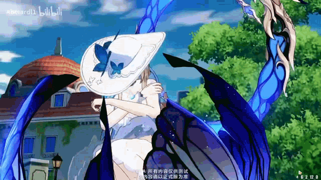 a girl in a white hat with a blue butterfly on it is in a video game
