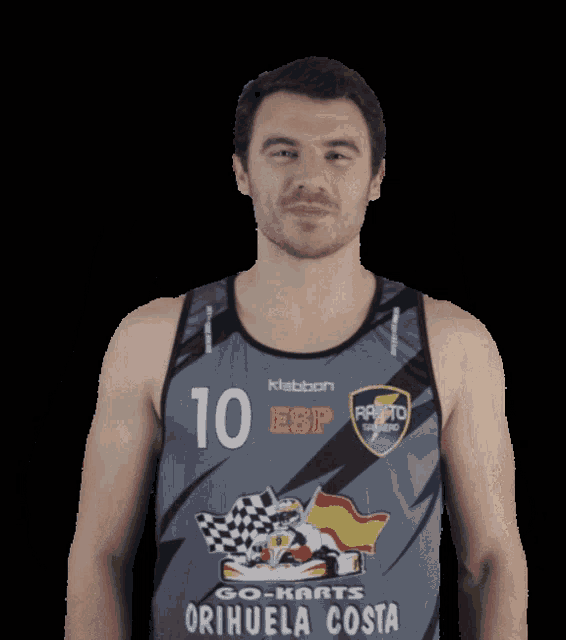 a man wearing a go karts orihuela costa tank top