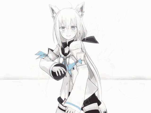 a cartoon character with white hair and a blue scarf around her waist