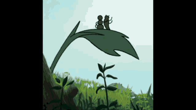 a cartoon of two people sitting on a leaf