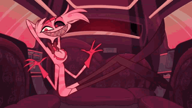 a cartoon character is sitting in a car with the letter i in the corner .
