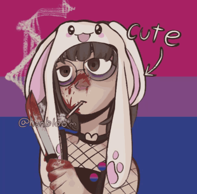 a drawing of a girl wearing bunny ears holding a knife