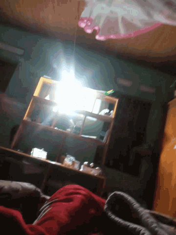 a person is taking a picture of a room with a light shining through a window