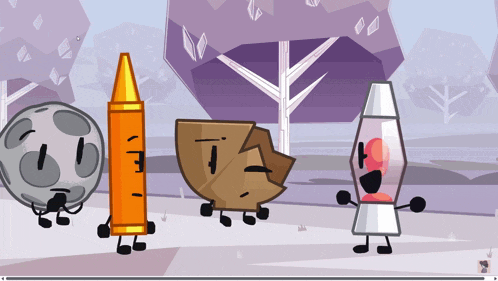 a group of cartoon characters including a crayon a leaf and a lava lamp are standing next to each other