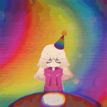 a cartoon girl wearing a party hat is standing in front of a rainbow .