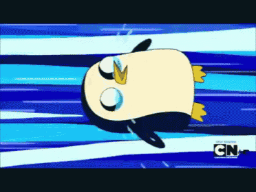 a cartoon penguin is swimming in the water with cn on the bottom