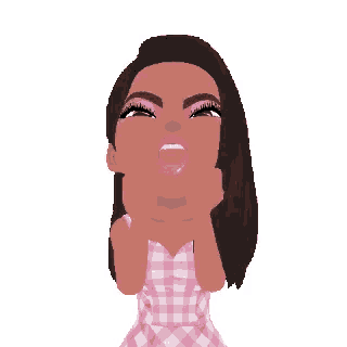 a woman in a pink and white checkered dress is making a funny face .