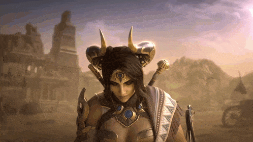 a woman with horns on her head and a sword on her shoulder