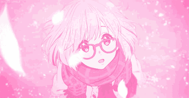 a pink anime girl with glasses and a scarf is looking up