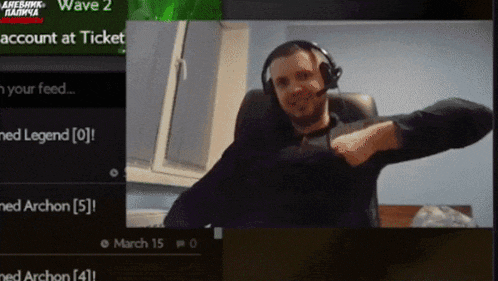 a man wearing headphones and a microphone is stretching his arms in front of a wave 2 ad