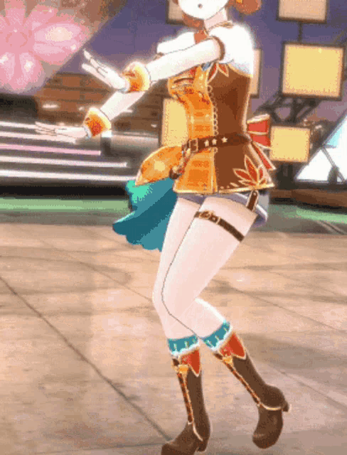 a cartoon character is dancing with her arms outstretched on a stage