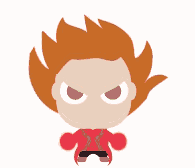 a cartoon character with red hair and red eyes has the letter s on his chest