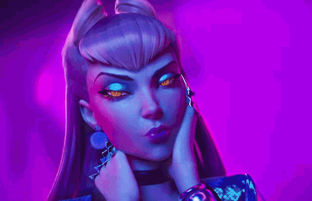 a close up of a woman 's face with purple and blue lights behind her