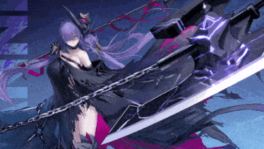a purple haired anime character is holding a sword