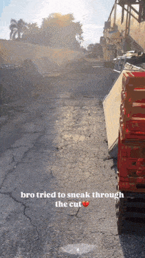a cracked asphalt road with the words bro tried to sneak through the cut