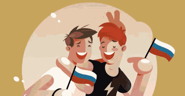 a cartoon of two men holding russian flags and giving a peace sign