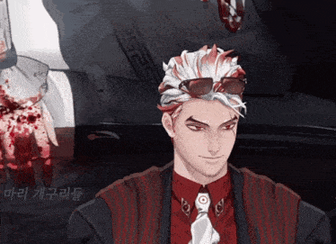 a man with white hair and red eyes is wearing sunglasses and a red shirt and tie