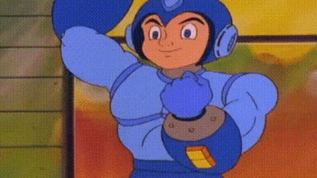 a cartoon of a man in a blue suit and helmet is standing in front of a wall .