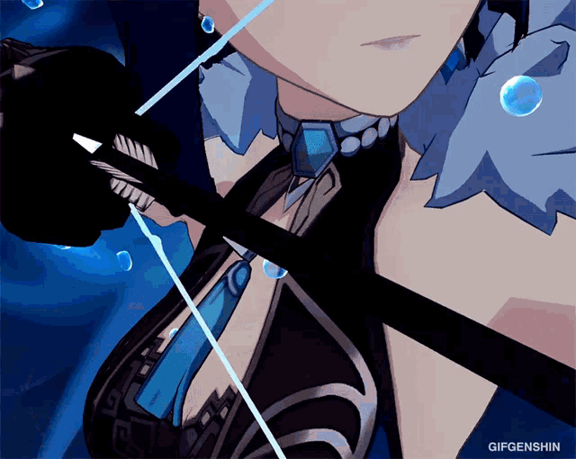 a close up of a girl holding a bow and arrow with a gifgenshin watermark