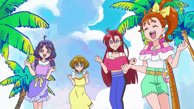 a group of girls standing next to each other with palm trees behind them