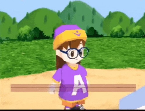 a cartoon character wearing a purple shirt with the letter a on the front