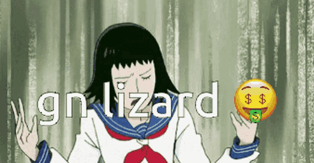 a girl in a school uniform with the words gn lizard on the bottom