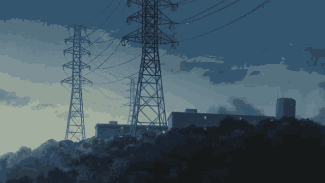 a blue sky with a building in the foreground and a few power lines in the background