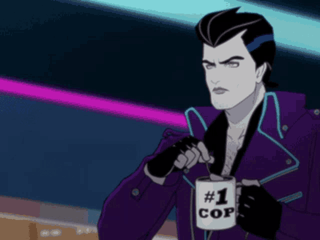 a man in a purple jacket holds a # 1 cop mug