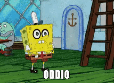 a cartoon of spongebob saying " oddio " in front of a door
