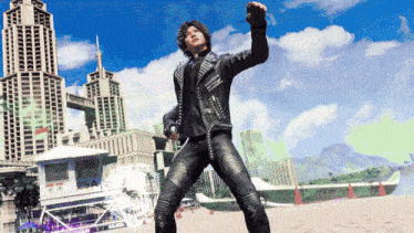 a man in a leather jacket stands on a beach in front of a lifeguard tower that says 25a