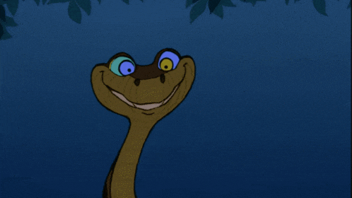 a cartoon snake with hypnotic eyes looks at the camera
