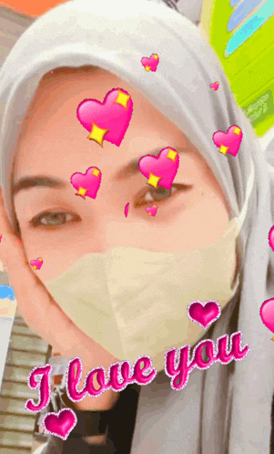 a woman wearing a mask with hearts and the words i love you